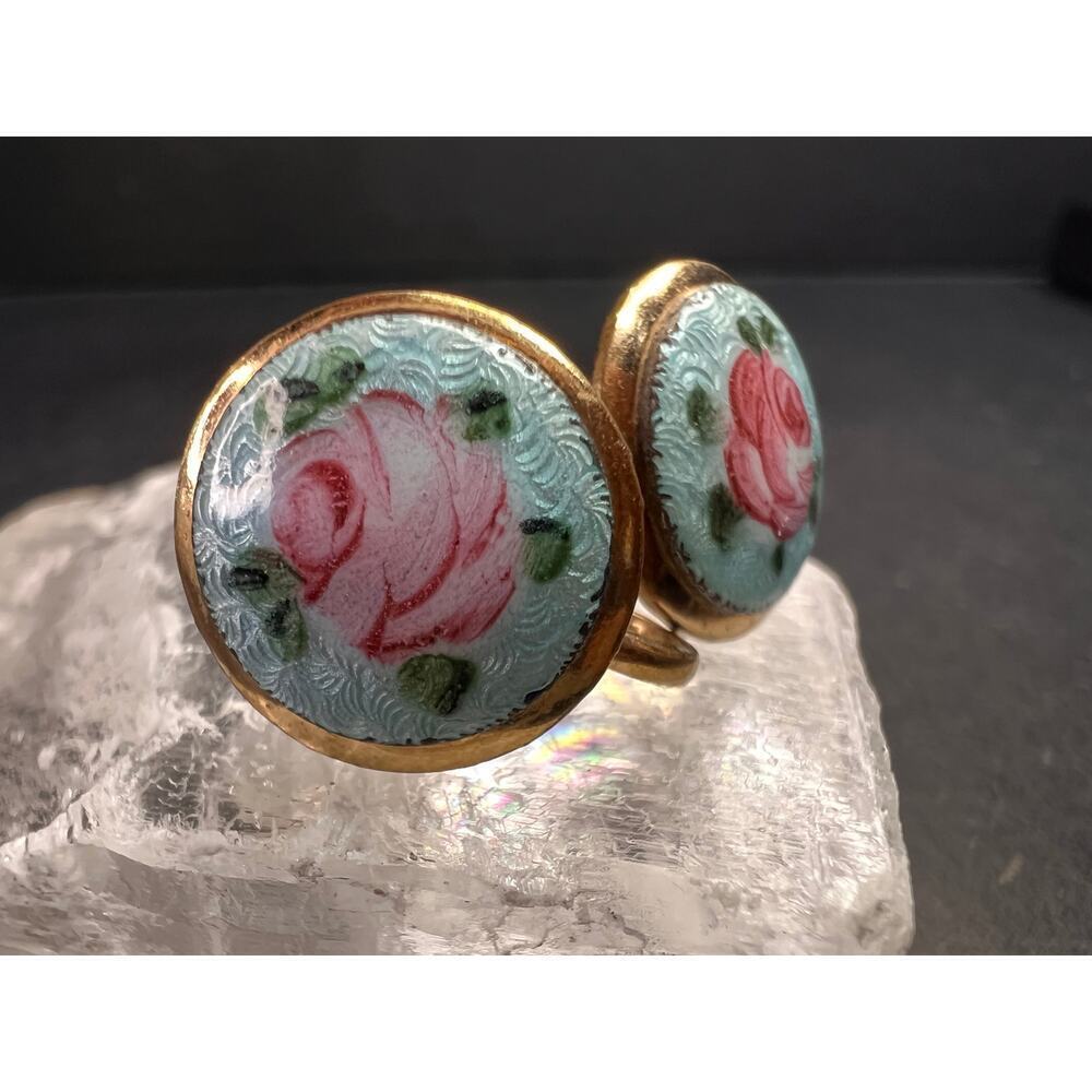Vintage MCM Gold Tone Guilloche Enamel Pink Rose Screw Back Earrings - Picture 7 of 9